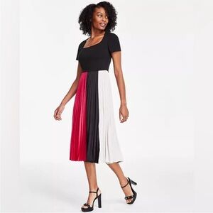 Karl Lagerfeld Black, Pink, and Cream Pleated Midi Dress Size 10